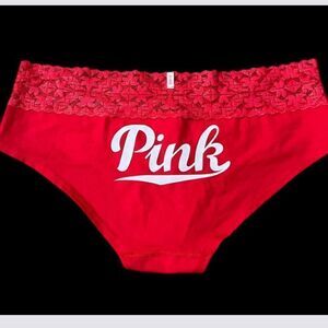 Victorias Secret Pink Cotton Extra Low Rise Cotton lace Logo Hipster Panty Red L